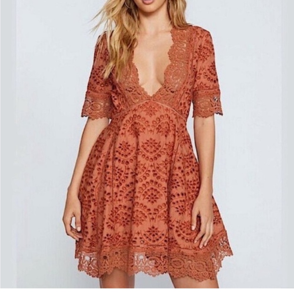 Free People x Nightcap Clothing Eyelit Dress Rust Orange Flowy Boho XS